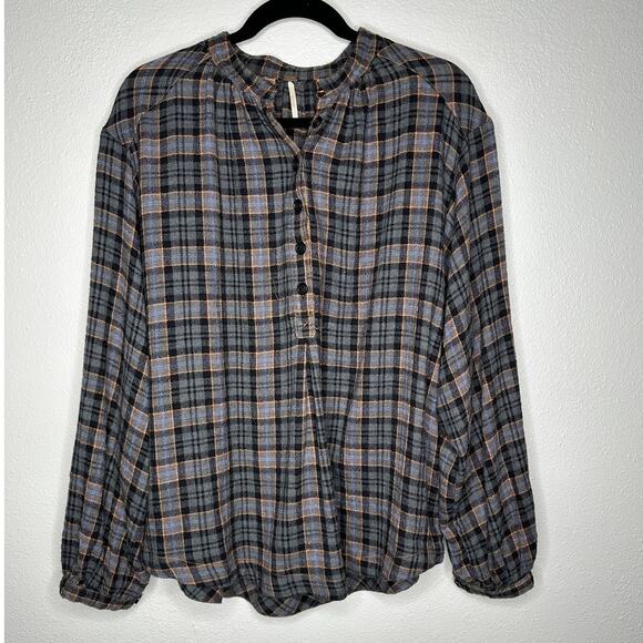 Free People Northern Bound Oversized Plaid Half Button Long Sleeve Shirt XS - Picture 2 of 13